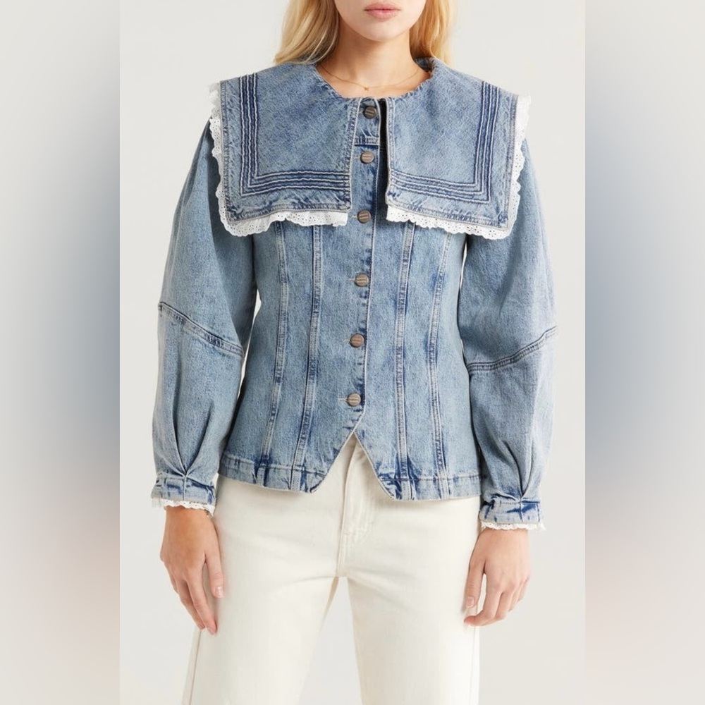 Light Blue Denim Jean Jacket with Sailor Collar